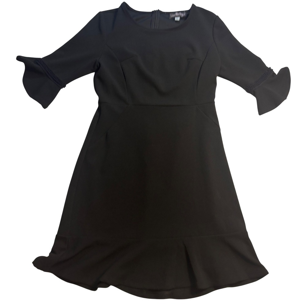 Liza Byrd Dress Women's Black Excellent Bell Sleeve Ruffle Fit & Flare Sz Medium